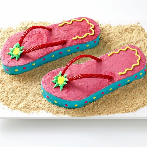 Flip-Flop Cakes Recipe -I made this cake for a summer birthday party—it would be fun for a beach party or any summer get-together. You could also set a pair of sunglasses on the graham cracker "sand."—Renae Calkins, Owosso, Michigan Flip Flop Cake, Flip Flop Cakes, Candy Buttons, Summer Birthday Party, Birthday Cake Recipe, White Cake Mixes, Cake Cover, Summer Birthday, Cake Images