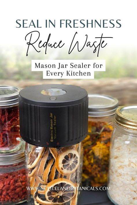 A mason jar vacuum sealer with attachments for regular and wide mouth jars with fruits and vegetables on the counter. Vacuum Sealing Food, Kitchen Vacuum, Wide Mouth Mason Jars, Zero Waste Kitchen, Zero Waste Living, Vacuum Sealer, Pantry Staples, Food Preservation, Coffee Machines