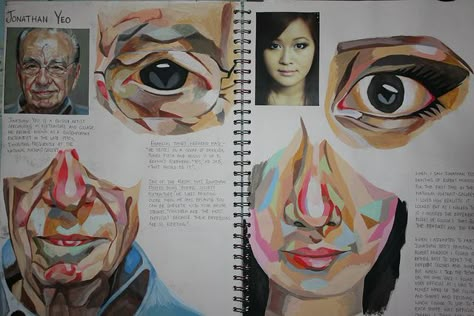 Sketchbook work: A study on artist Jonathan Yeo and Lucy Luu's interpretation of his work. Artist Response Page, Visual Diary Ideas, Sketchbook Presentation, Ib Students, Sketchbook Examples, Gcse Sketchbook, Artist Research, Creative Sketchbook, Ib Art