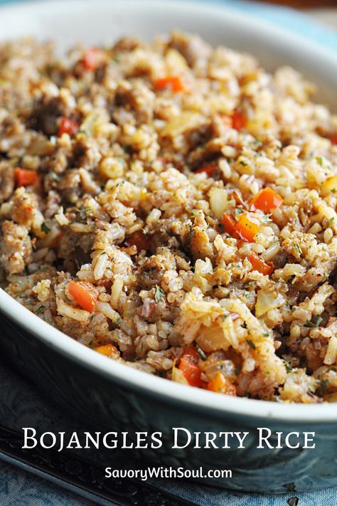 This Bojangles Dirty Rice recipe has loads of sausage and spicy flavors. So delicious and adaptable - you can create the amount of spice that you and your family like. #savorywithsoul #bojanglesdirtyrice #bojanglesrecipes #dirtyricerecipe #spicyrecipes #cajunfoodrecipes #southernrecipes Bojangles Dirty Rice, Bojangles Dirty Rice Recipe, Dirty Rice Recipe Easy, Edibles Recipe, Rice Recipe Easy, Rice Dishes Recipes, Dirty Rice Recipe, Rice Side Dish Recipes, Dirty Rice