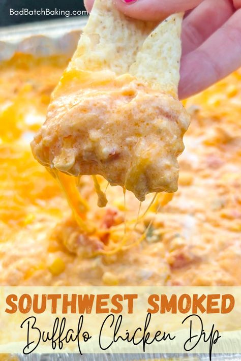 Smoked Buffalo Chicken Dip Smoked Buffalo Chicken Dip, Air Fried Bacon, Smoked Buffalo Chicken, Hot Corn Dip, Bacon Wrapped Chicken Bites, Restaurant Copycat Recipes, Batch Baking, Air Fryer Recipes Appetizers, Buffalo Chicken Dip Recipe