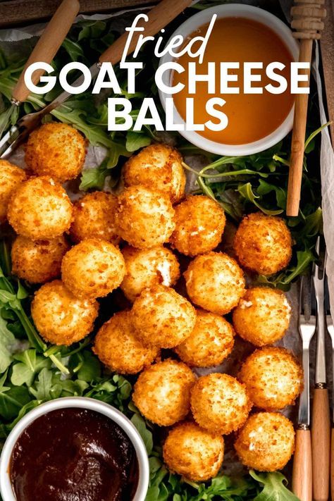 Crispy exterior, creamy interior—fried goat cheese delights with a perfect blend of textures and a rich, tangy flavor. Fried Goat Cheese Balls, Herb Goat Cheese, Goat Cheese Balls, Holiday Entertaining Food, Fried Goat Cheese, Homemade Appetizer, Holiday Appetizers Recipes, Cocktail Party Food, Goat Cheese Recipes