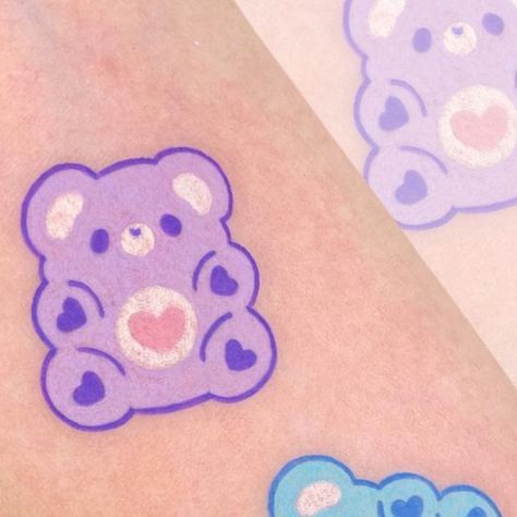 Gummy Care Bear Tattoo, Kawaii Skull Tattoo, Kawaii Half Sleeve Tattoo, Gummy Bear Makeup, Small Care Bear Tattoo, Kawaii Tattoo Ideas Pastel Goth, Pastel Tattoo Ideas, Cotton Candy Tattoo, Kawaii Tattoo Sleeve