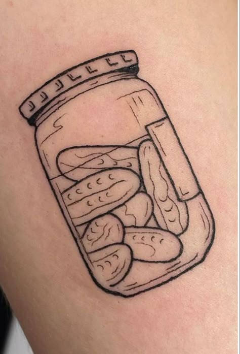 Bundt Cake Tattoo, Pyrex Tattoo Ideas, Peanut Butter Jar Tattoo, Mayonnaise Tattoo, Pickle Jar Drawing, Jar Of Pickles Tattoo, Pickle Tattoo Ideas, Augustus Tattoo, Pickle Jar Tattoo