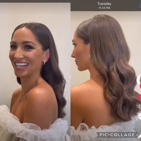 Bride Hairstyle Down Curls, Bride Slicked Back Hair, Timeless Bride Hairstyles, Curl Hair Wedding Guest, Bridal Hair Down Pinned Back, Timeless Bridesmaid Hair, Tucked Curled Hair, Behind The Ear Curled Hair, Hollywood Curls Wedding Brunette