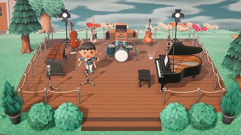 ACNH Music Concert Areas & Concert Stage Ideas – FandomSpot Acnh Music, Outdoor Music Area, Animal Crossing Music, Concert Stage Design, Animal Crossing Guide, Animal Crossing Wild World, Animal Crossing Characters, Animal Crossing Villagers, Concert Stage