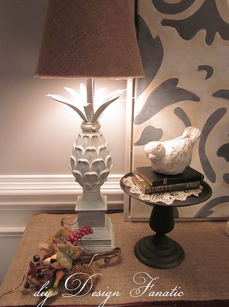 I'm doing this to a pair of yellow pineapple lamps I have. Lamp On Kitchen Counter, Burlap Lampshade, Pineapple Lamp, Lamp Makeover, Country Farmhouse Style, Painting Lamps, First Down, Do It Yourself, Lamp Bases