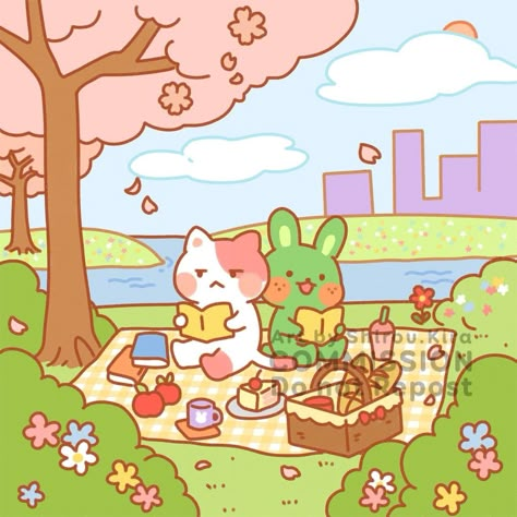 Picnic Cartoon Drawing, Kawaii Picnic Drawing, Picnic Cute Drawing, Picnic Scene Drawing, Cute Picnic Drawing, Cute Picnic Illustration, Cute Spring Illustration, Sanrio Picnic, Kawaii Picnic