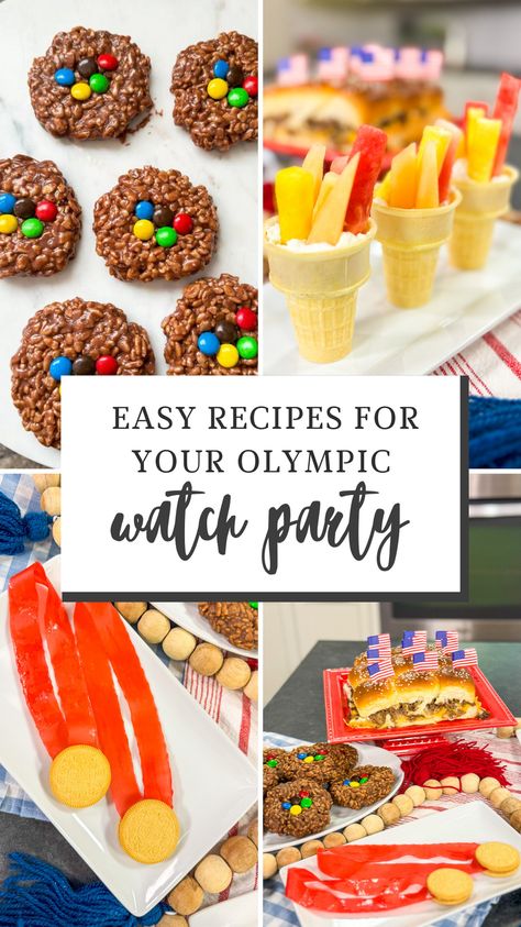 Are you looking for some Olympic party food recipes for your Olympic party? Well, you’ve come to the right place. 4 Olympic Party Foods to cheer on Team USA! From edible gold medals to fruit torches, there is something for everybody in this delicious recipe spread! Go for the gold with these surefire winners. Olympic Inspired Food, Olympic Themed Desserts, Olympic Party Food Ideas, Olympic Theme Food, Olympic Charcuterie Board, Olympic Food Ideas, Olympic Themed Snacks, Olympic Dinner, Olympic Cookies