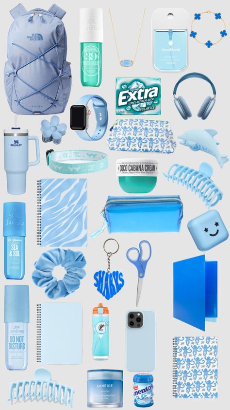 blue school things!! #blue#beauty#lightblue#school#schoolsupplies#schoolinspo#bluethemed#northfacesbackpack #soldejanerio#touchlandhandsanitizer #appleheadphones School Bag Organization, 7th Grade Tips, Middle School Essentials, School Backpack Essentials, Middle School Survival, Preppy School Supplies, Pretty School Supplies, School Preparation, Preppy Gifts