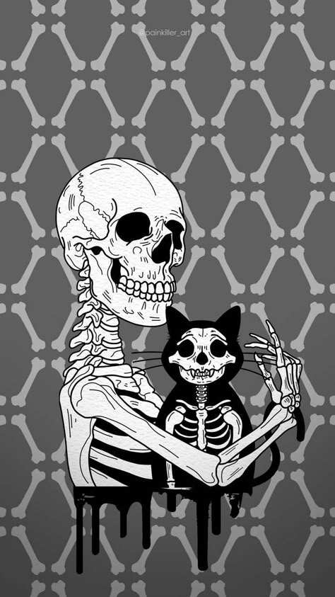 Cat Pattern Wallpaper, Gothic Drawings, Ii Wallpaper, Phone Background Patterns, Goth Wallpaper, Gothic Wallpaper, Witchy Wallpaper, Love Cat, Skeleton Art