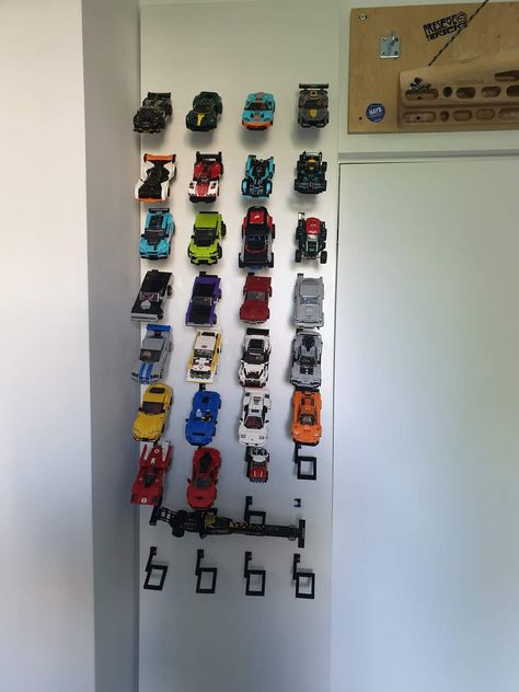 Lego Cars On Wall, Lego Cars Display, Lego Storage Ideas Display, Lego Car Display, Lego Car Display Ideas, Lego Collection Display, Lego Room Decor, Hot Wheels Room, Holiday Room Decor