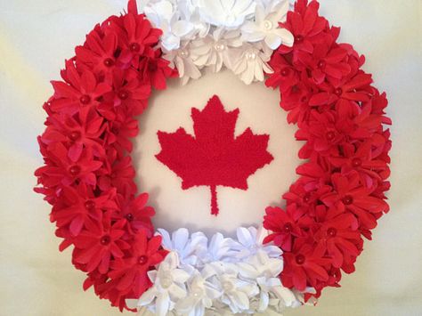 Canada Day Wreath by annacraftbasket Canada Day Wreath, Maple Leaf Decor, Canada Day Fireworks, Canada Party, Canada Day Crafts, Canada Day Party, Literacy Activities Preschool, Canada Holiday, Canadian Maple Leaf