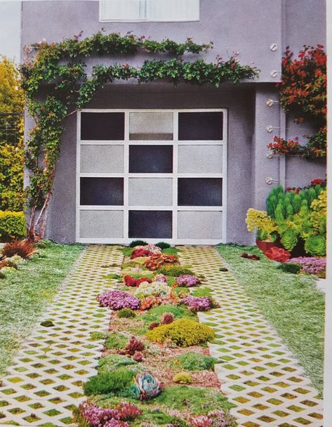 Permeable paver driveway with succulents. IDEA also to replace moss or grass with thyme (smells wonderful when stepped on !) House Beautiful May 2019 Grass Pavers Driveway, Permeable Pavers Driveways, Permeable Driveway, Grass Pavers, Permeable Pavers, Sustainable Landscaping, Paver Driveway, Backyard Remodel, House Beautiful