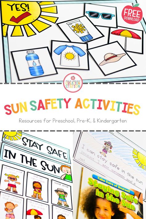 Safety For Preschoolers Activities, Sun Weather Activities Preschool, Preschool Safety Lessons, Sunscreen Station Childcare, Beach Safety Activities For Kids, Safety Activities For Kids, First Day Of Summer Preschool Activities, Summer For Toddlers Activities, Water Safety Preschool Activities