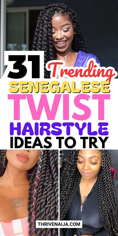 ✨ Looking for a protective style with a chic twist? These Senegalese twist hairstyle ideas are perfect for any occasion, offering versatility, length, and elegance. 💇🏾‍♀️  ​📌 Save this pin to your protective hairstyles board and find your next look! Twist Hairstyle, Senegalese Twist Hairstyles, Senegalese Twist Braids, Jumbo Box Braids, Classy Hairstyles, Marley Twists, Protective Hairstyle, Senegalese Twist, Rope Twist