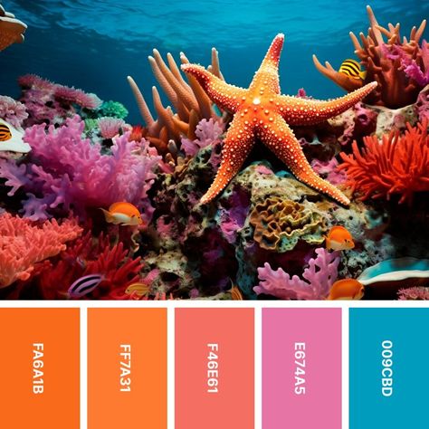 Fall Beach Color Palette, Starfish Color Palette, Coral Colour Scheme, Sea Life Color Palette, Coral Palette Color, Color Palette Complementary, Moana Color Palette, Coral Reef Color Palette, Underwater Color Palette