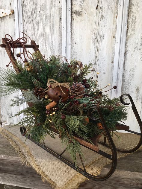 Vintage primitive sleigh arrangement from my #etsy shop: Vintage Sleigh with Rustic Bells and Candy Cane~Winter Pine Sleigh~Christmas Primitive Sleigh~Rustic Sleigh~Colonial Sleigh Sled Decorating Ideas Porch, Santa Sleigh Decorating Ideas, Vintage Sleigh Christmas Decor, Large Sleigh Decorating Ideas, Santa’s Sleigh, Sleigh Decorating Ideas Christmas, Santa Sleigh Decoration, Christmas Sleigh Centerpiece, Sleigh Decorations