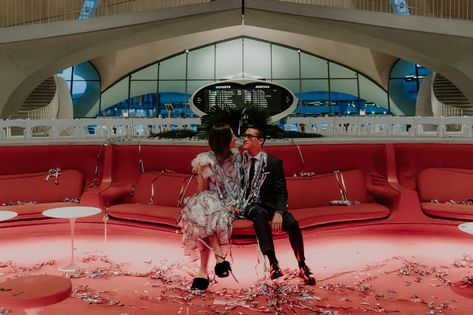 A Chic, Retro Wedding at the New TWA Hotel at JFK Airport | Vogue Airport Wedding, Twa Flight Center, Twa Terminal, Twa Hotel, Jfk Airport, National Airlines, Unconventional Wedding Dress, Vogue Wedding, Unconventional Wedding