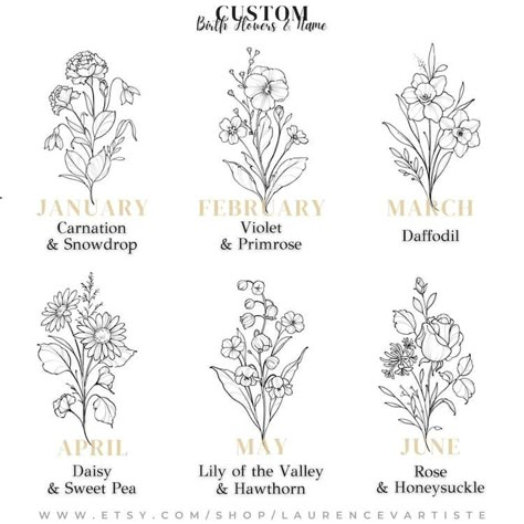 Carnation And Rose Bouquet Tattoo, Hawthorn Tattoo Design, Taurus Flower Birth Month, Birth Flower And Name Tattoo, January Birth Flower Bouquet Tattoo, September Birth Flower Bouquet Tattoo, Snowdrop Carnation Tattoo, March And July Birth Flower Tattoo, Primrose Tattoo Design