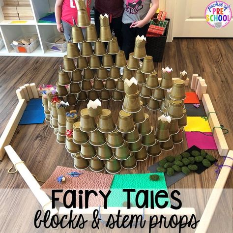 Fairy tale castle with cups (STEM challenge)! Favorite Fairy Tales activities for every center plus a shape crown freebie all designed for preschool, pre-k, and kindergarten #fairytalestheme #preschool #prek #kindergarten Fairy Tales For Preschoolers, Fairy Tail Dramatic Play, Fairy Tale Movement Activities, Fairytale Movement Activities, Montessori Fairy Tales, Fairy Tale Prek Activities, Fairy Tale Centers Preschool, Fairy Tale Ball School, Fairy Tale Fine Motor Activities