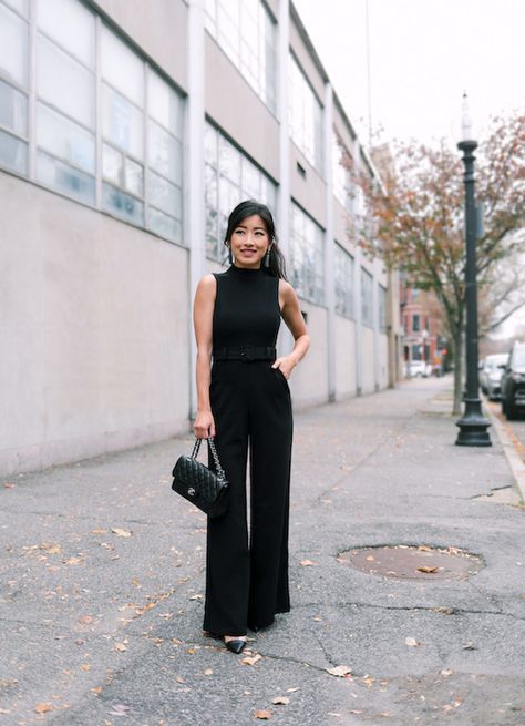 What You Need to Build the Perfect Petite Capsule Black Culottes Outfit Party, Black Jumpsuit Outfit Work, Formal Black Jumpsuit Outfit, Petite Jumpsuit For Wedding, How To Dress Up A Black Jumpsuit, Black Dressy Outfits, Styling Black Jumpsuit, Black Jumper Outfit Dressy, All Black Party Outfits For Women