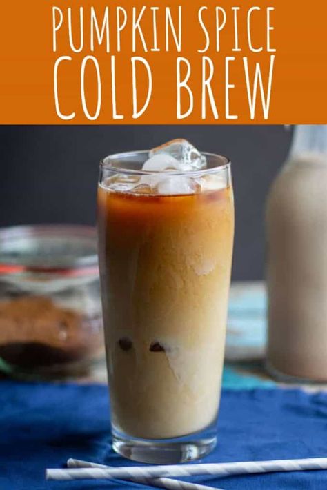 Pumpkin Spice Cold Brew is what you need when it's still hot but you want to be festive. It's cold, refreshing, & full of pumpkin pie spices! Pumpkin Spice Cold Brew, Homemade Cold Brew Coffee, Pumpkin Spice Coffee Creamer, Pumpkin Spice Drinks, Pumpkin Spice Cream, Pumpkin Pie Spice Mix, Homemade Pumpkin Spice, Homemade Pumpkin Pie, Spice Coffee