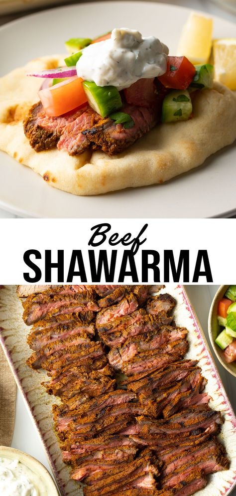 Authentic Beef Shawarma – This easy recipe shows you how to turn tender flank steak and wholesome ingredients into irresistibly bold, spicy, and delicious homemade shawarma wraps. Beef Shawarma Recipe, Schwarma Recipe, How To Make Shawarma, Shawarma At Home, Mediterranean Salads, Chicken Mediterranean, Beef Shawarma, Shawarma Seasoning, Shawarma Spices