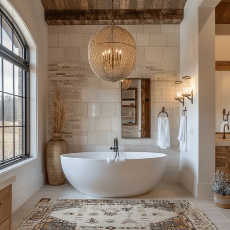 Bathroom Remodel European, Stunning Master Bathrooms, Luxury Ensuite Bathroom Ideas, Freestanding Bathtub Wall, Tub Bathroom Ideas, Dream Bathrooms Luxury, Oversized Pendant Light, Elegant Bathroom Design, European Elegance