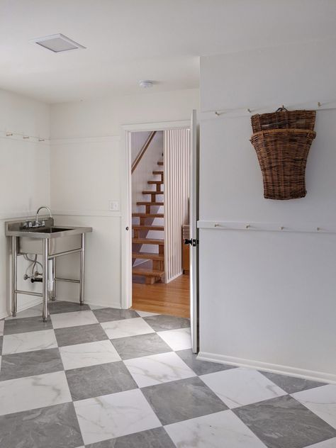 Lvt Flooring Laundry Room, Large Format Marble Tile Bathroom, Gray And White Checkered Floor, Tile Checkered Floor, Mud Laundry Room, Primary Closet, Checkered Floor, Entryway Tile, Eaton Square