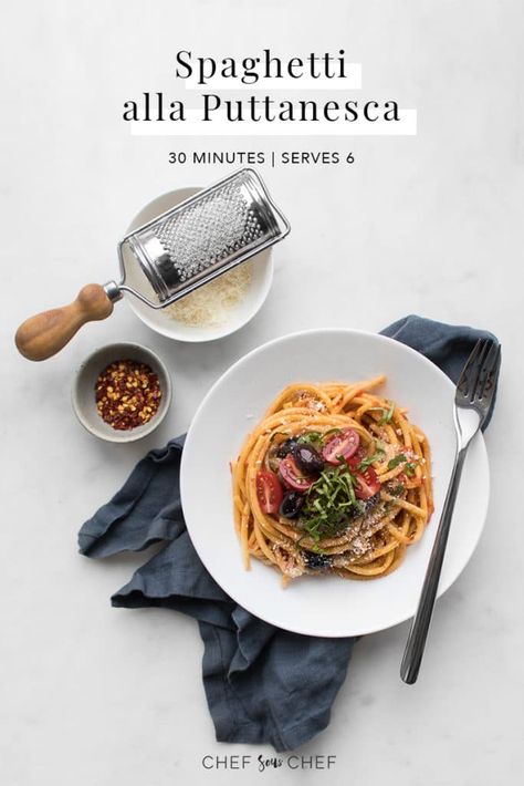 Spaghetti Red, Spaghetti Alla Puttanesca, Alla Puttanesca, Food Photography Inspiration, Black Olives, Sous Chef, Food Poster Design, Anchovies, Food Design