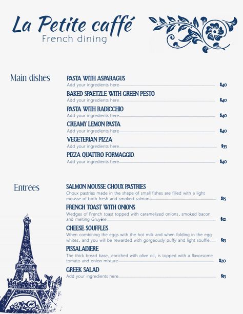 Modern minimalist French cafe menu template and background French Menu Template, French Restaurant Menu Design, French Cafe Menu Design, Ratatouille Wedding, French Menu Ideas, French Menu Design, French Cafe Aesthetic, French Restaurant Menu, Menu Drawing