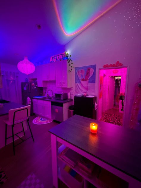 colorful apartment, neon apartment, led apartment, apartment goals, aesthetic apartment, pink apartment, colorful home decor, aesthetic home, dopamine decor, led lights, cplorful lights, colorful home Y2k Home Decor Ideas, Led Lights Kitchen Aesthetic, Colorful Lights Aesthetic, Y2k Apartment Bedroom, Dopamine Decor Apartment, Vibrant Apartment Decor, Colourful Apartment Decor, Chill Apartment Vibes Kitchen, Vibey Apartment Kitchen