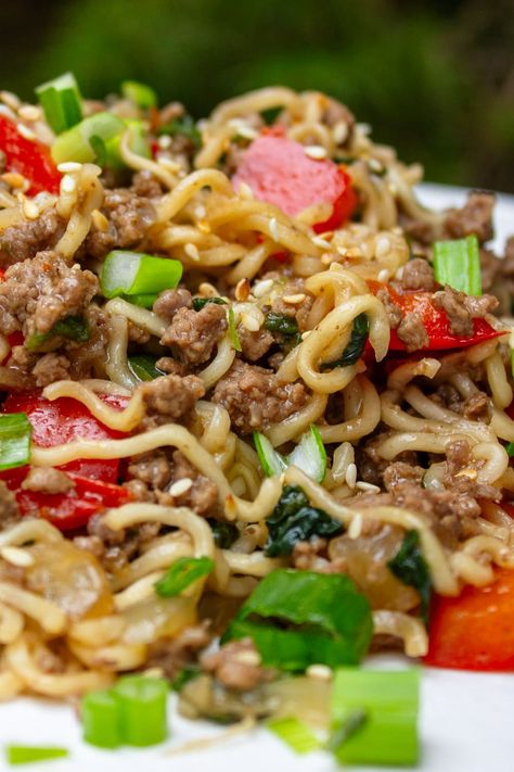 Whip up a quick and easy one-pot beef noodles dinner in just 20 minutes with ground beef, vegetables, and ramen or instant noodles - all tossed with a delicious savory sauce. Noodles Dinner, Noodles Ideas, Noodle Dinner, Pot Noodle, Beef Noodles, Potted Beef, Savory Sauce, Chopped Spinach, Sauteed Vegetables