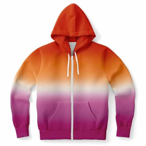 Prefer zip-up hoodies over pull-over? Whichever your preference, we got you covered! This soft and cozy full-zip hooded sweatshirt is dyed in our most loved ombre gradient of the Lesbian pride colors. Perfect for anyone looking for a subtle way to wear your pride on those chillier days. Double-layer hood Full front zipper Front pockets Brushed fleece inside Cotton-poly blend Unisex fit Handmade to order: This item ships in 4-8 business days (Average time is 5 days) Please refer to the Size Guide Aroace Clothes, Lgbtq Clothing, Gender Fluid Fashion, Gay Pride Shirts, Pride Colors, Ombre Gradient, Pride Outfit, Hoodie Fits, Cozy Pullover