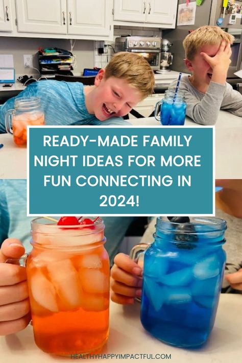 Three children enjoying vibrant drinks in mason jars around a kitchen counter. Text reads, "Ready-made family night ideas for more fun connecting in 2024!" Night Club Ideas, Stem Night Activities, Family Night Games, Family Night Ideas, Riddles Kids, Road Trip Scavenger Hunt, Family Night Activities, Night Activities, Night Games