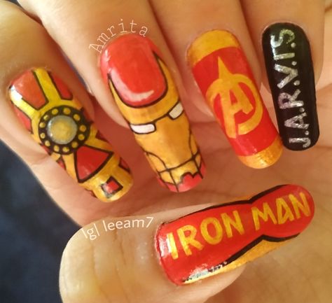 Avengers Nail Art, Iron Man Nails, Man Nail Art, Avengers Nails, Marvel Nails, Man Nails, Iron Man Logo, Iron Man Avengers, Pretty Acrylic Nails