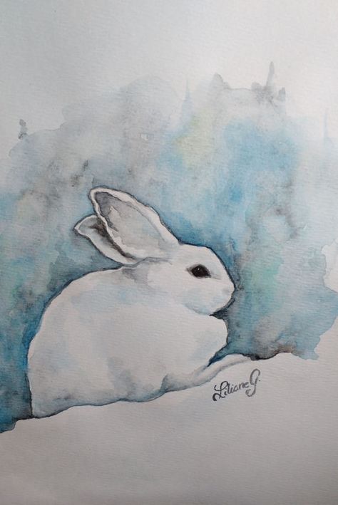 | liliane grenier Rabbit Watercolor, Bunny Watercolor, Chalk Ink, Snow Bunny, Christmas Card Art, Snow Bunnies, Watercolor Christmas Cards, Abstract Landscapes, Watercolor Sketchbook