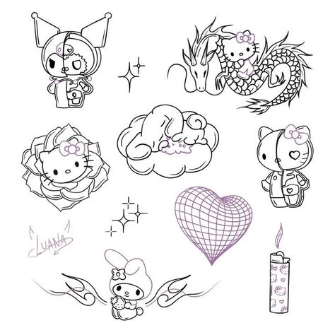 Hello Kitty With Knife Tattoo, Cute Hello Kitty Tattoo Ideas, Vaporwave Tattoo Ideas, Dripping Tattoo Ideas, Cute Sanrio Tattoos, Cute Kawaii Tattoos, Tattoo Ideas Kuromi, Sanrio Flash Tattoo, Kuromi Tattoo Aesthetic