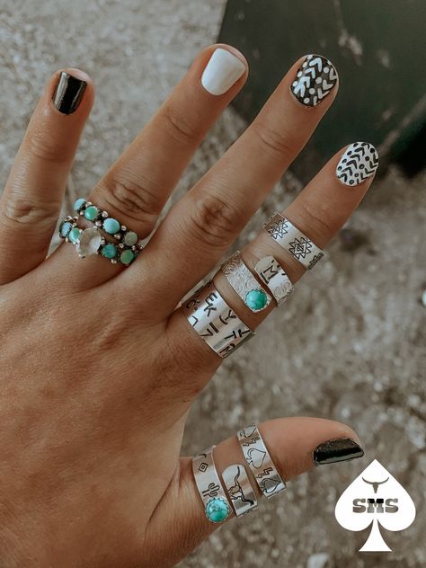 Hand Stamped & Assembled Real 6mm Turquoise Non-Tarnish & Adjustable to all sizes Rodeo Nails, Cowboy Nails, Aztec Nails, Western Nails, Boho Nails, Country Nails, Cowgirl Accessories, Stamped Rings, Almond Acrylic Nails