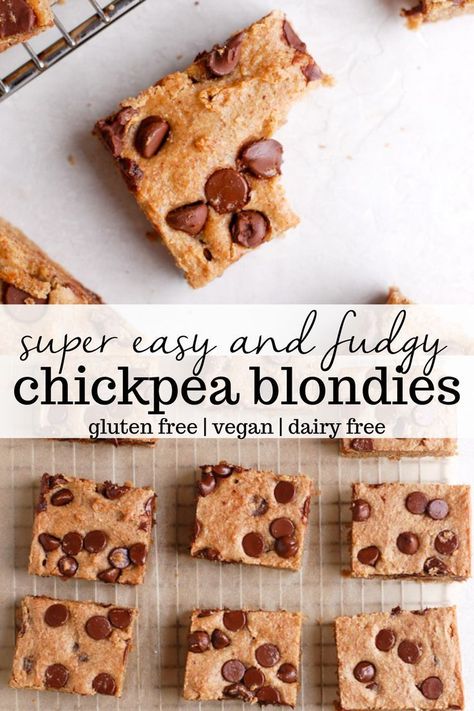 Healthy Chickpea Blondies with chunks of chocolate in every bite. This easy and healthy recipe is vegan and gluten-free, can be made with almond flour or oat flour, and is packed with protein. Can easily be made nut free, too! #food #recipe #blondies #healthy #chickpeas #baking #vegan #glutenfree Blondies Healthy, Wfpb Dessert, Chickpea Blondies, Chic Peas, Baking Vegan, Df Recipes, Gf Baking, Desserts Vegan, Vegan Cookbook