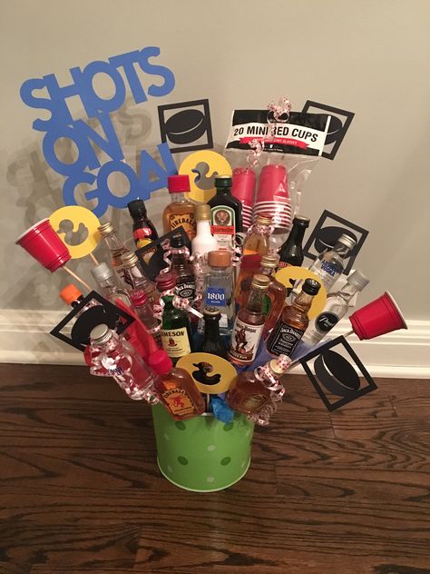 Hockey Fundraising Shot Basket Hockey Basket Raffle Ideas, Hockey Gift Basket Ideas, Hockey Mom Raffle Basket, Hockey Raffle Basket, Great Raffle Basket Ideas, Hockey Gift Basket, Hockey Tournament Raffle Basket, Hockey Tournament Fundraiser Ideas, Hockey Raffle Basket Ideas