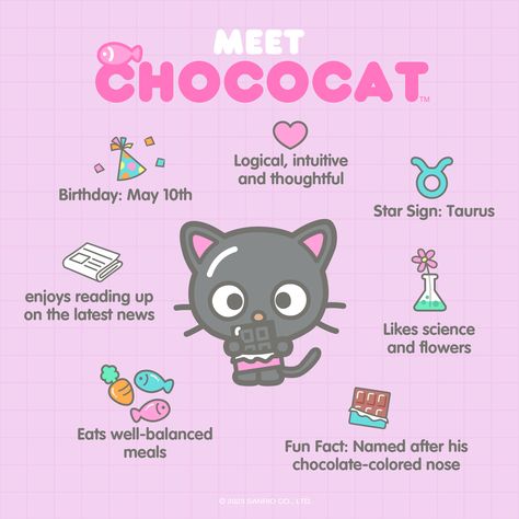 Chococat is our Friend of the Month for September 🖤 Here are some fun facts about our intuitive friend! Hello Kitty Characters, Hello Kit, Hello Kitty Cartoon, Hello Kitty Art, Sanrio Wallpaper, Cute Kawaii Drawings, Hello Kitty Pictures, Hello Kitty Plush, Hello Kitty Items