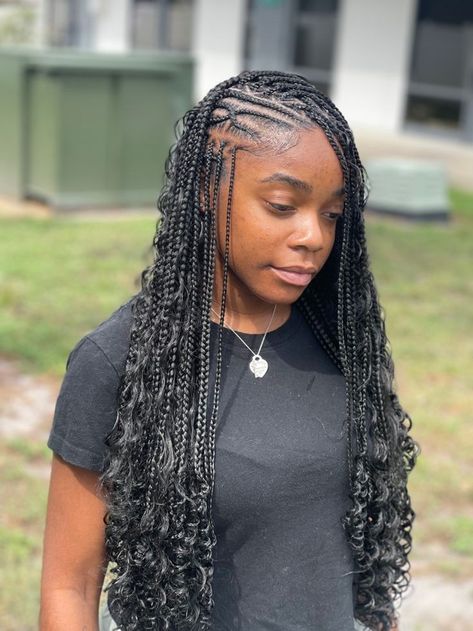 Boho Flip Over Braids, Versatile Tribals With Knotless Braids, Boho Fulani Braids With Curls, Big Fulani Braids, Zig Zag Fulani Braids, Fulani Goddess Braids, Funali Braids, Flip Over Fulani Braids, Bhaddie Hairstyle