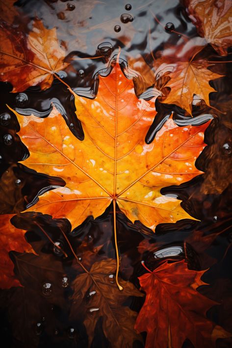 Bring the beauty of nature to your phone or desktop with this autumn leaf wallpaper. A single vibrant orange leaf rests on a raindrop-speckled puddle, capturing the simple yet profound details of fall. The warm orange and brown hues will add a touch of seasonal charm to your device. If you love appreciating nature's quiet wonders, this backdrop is for you. Whether you use it on your phone or computer, this stunning wallpaper is a peaceful way to be reminded of the beauty all around us. Jungle Animal Art, Fall Backgrounds Iphone, Pretty Flowers Pictures, Autumn Leaves Wallpaper, Leaf Photography, Iphone Wallpaper Hd Nature, Autumn Leaves Photography, Autumn Scenes, Orange Aesthetic