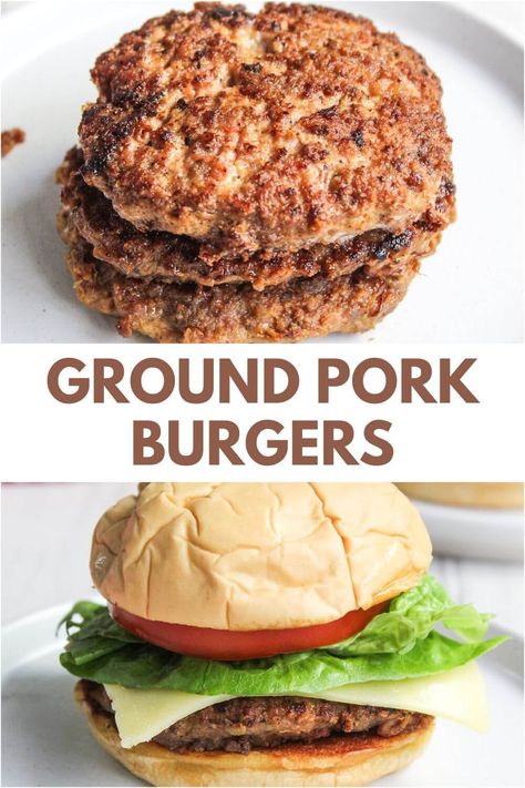 Easy ground pork burgers recipe served on a bun with lettuce, tomato, and cheese with title text. Ground Pork Appetizers, Single Dinner Ideas, Ground Pork Burgers, Pork Burgers Recipes, Recipes No Meat, Sausage Burgers, Easy Meals For Dinner, Best Pork Recipes, Club Sandwich Recipes