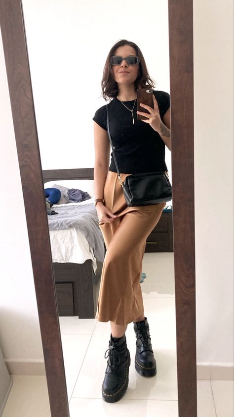 Black cotton shirt (Zara) + Bronze satin skirt (Mango) + Dr. Martens Jarrick II Bronze Skirt Outfit, Dr Martens Jarrick Ii, Dr Martens Jarrick, Vietnam Fits, Cinema Outfit, Brown Dr Martens, Dr Martens Outfit, Satin Skirt, Silk Skirt