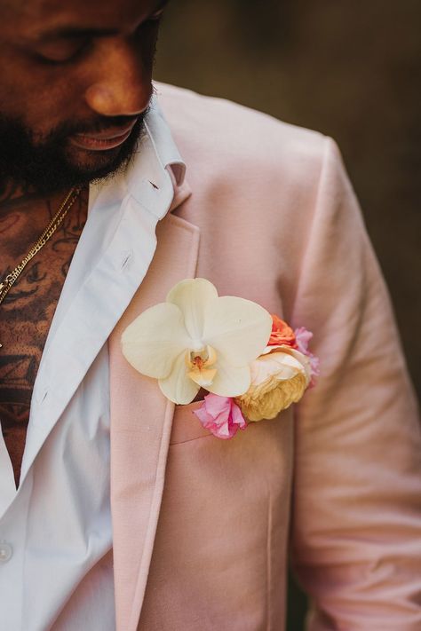 Pink wedding theme for Polstrong Manor wedding with groom in pink suit with orchid buttonhole Pink Button Holes Wedding, Pink Suit Groom, Pink Groom Suit, Orchid Buttonhole, Sparkly Reception Dress, Pink Theme Wedding, White Buttonhole, Tivoli Wedding, Platform Bridal Shoes