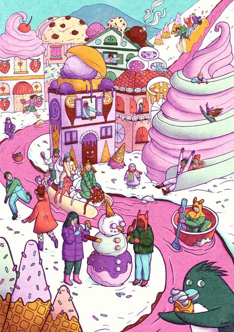 Pastel-coloured, whimsical, playful & retro-inspired ICE CREAM LAND. Any sweet tooth's dream (cavity free). #childrensbedroomdecor #kidswallart #kidsroomdecor #childrenswallart #foodillustration #popsurrealism #surrealillustration #icecreamillustration #icecreamart Dream Land Illustration, Ice Cream World Illustration, Candy World Drawing, Ice Cream Art Illustrations, Candy House Illustration, Candy World Illustration, Ice Illustration, Ice Cream World, Ice Cream Wall Art