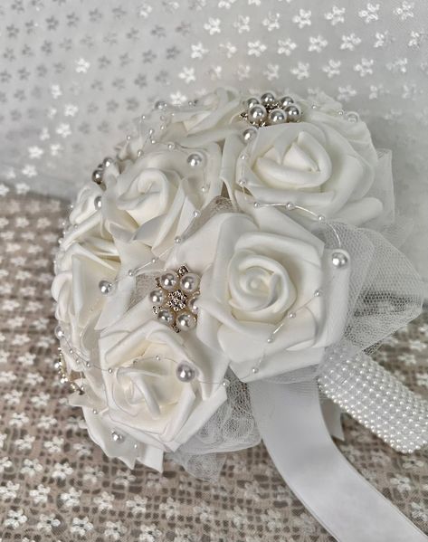 White Rose Pearl brooch Bouquet 9" Communion Bridesmaid Pearl Garland Pearl Rhinestone Brooch Artificial flowers Off White Bouquet Wedding, Pearl White Wedding Jewelry Brooch, Pearls In Bridal Bouquet, Wedding Bouquet With Pearls, Pearl Bride Bouquet, White Roses With Pearls Bouquet, Pearl Bridal Bouquet, Pearl Brooch Bouquet, Pearl Garland